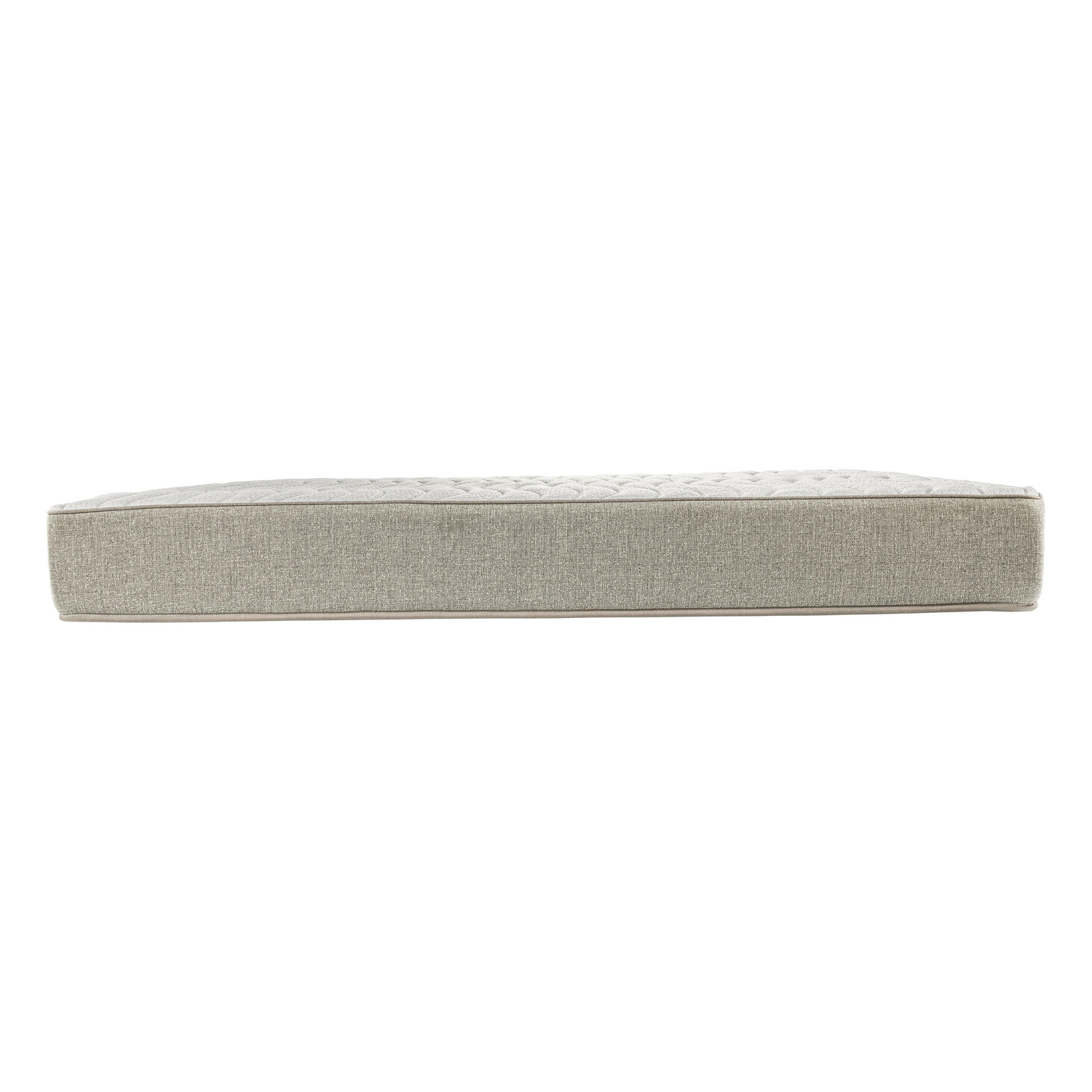 Un colchón visto de lado, con un lateral de tela gris y una parte superior blanca. Se encuentra sobre un fondo blanco.