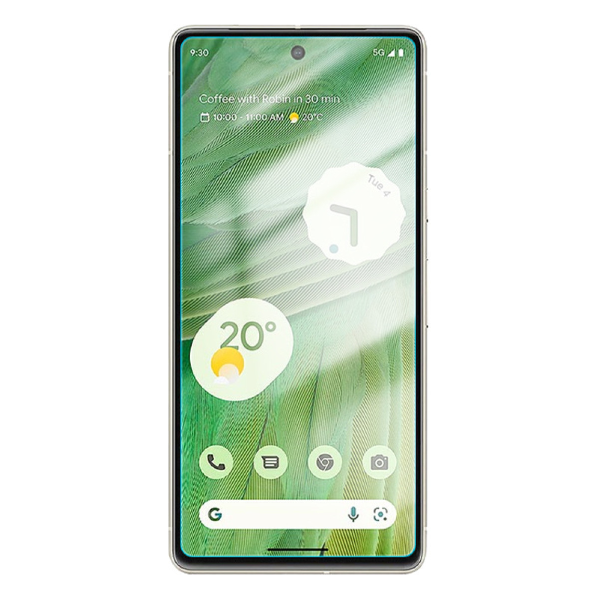 Uno smartphone mostra uno schermo verde con l'ora, il meteo e un evento del calendario. Il telefono è in una cornice chiara.
