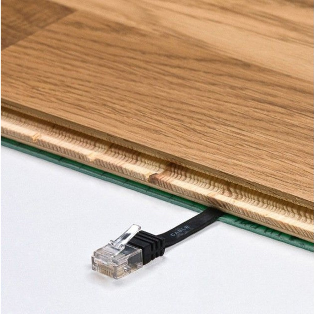 Un cavo di rete nero con un connettore trasparente che esce da un pavimento in legno. Uno strato verde è visibile.