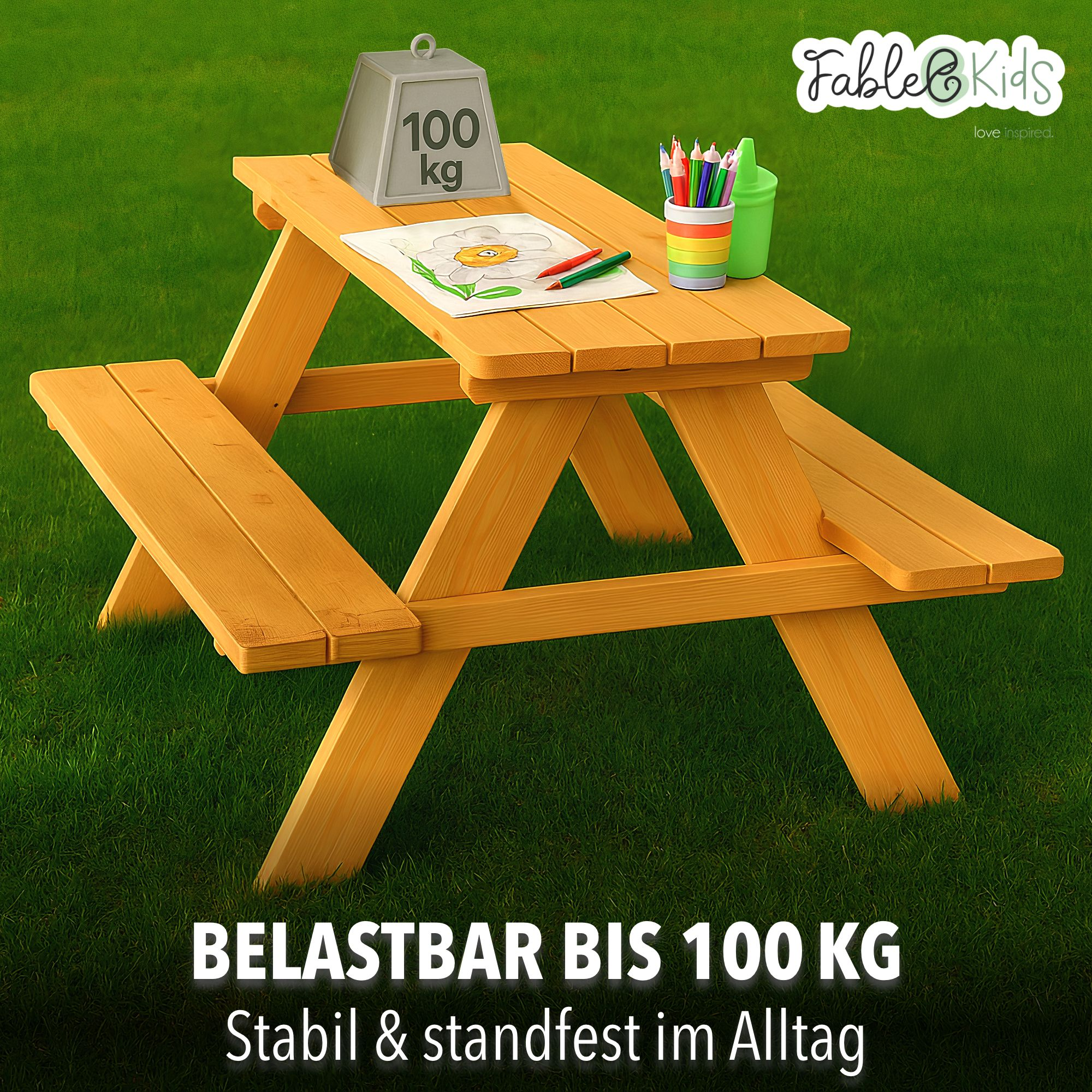 Ein hölzerner Picknicktisch mit Bänken auf grünem Gras, mit Zeichnung und bunten Stiften.
