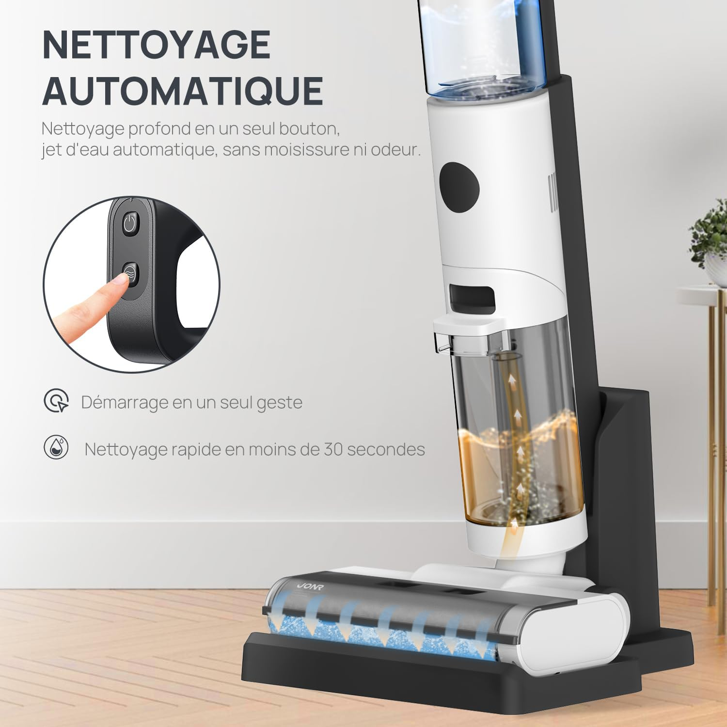 Biało-czarny odkurzacz bezprzewodowy z przezroczystym zbiornikiem na wodę, prezentujący funkcję automatycznego czyszczenia.