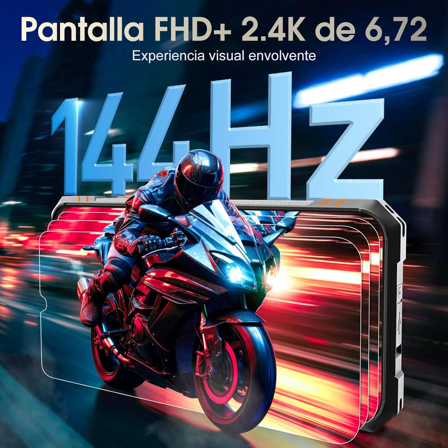 Un smartphone muestra a un motociclista a 144 Hz, enfatizando la experiencia visual fluida de la pantalla.
