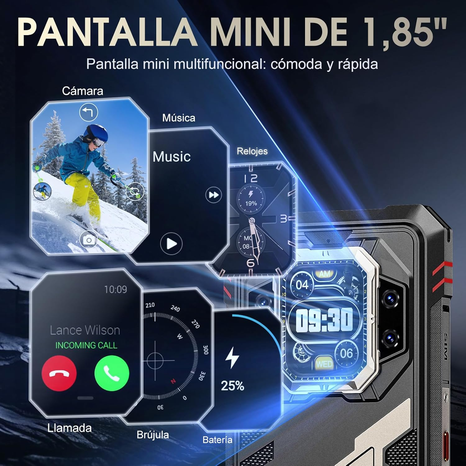 Un smartphone resistente con una mini pantalla con múltiples funciones, incluyendo llamadas, música, brújula y estado de la batería.