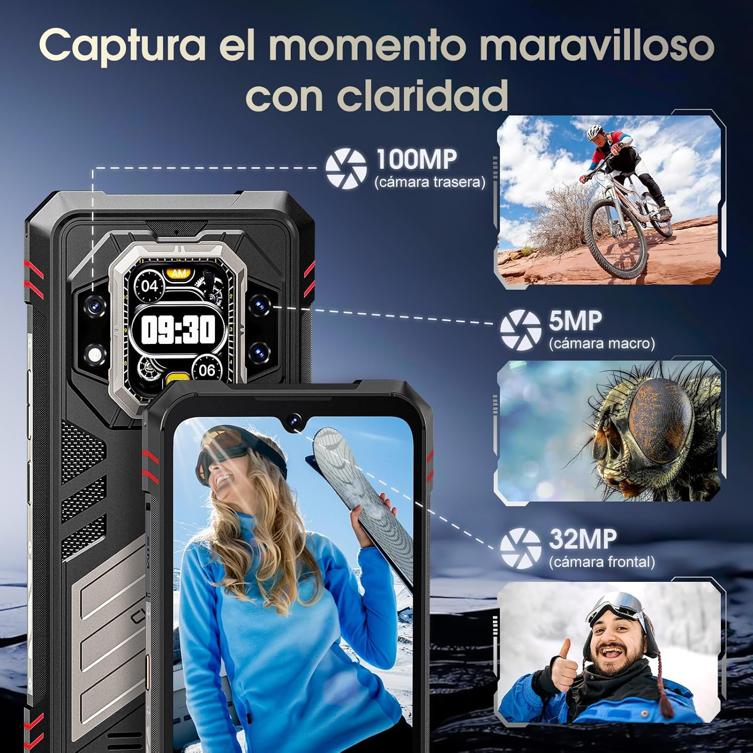 Un smartphone resistente que muestra sus capacidades de cámara, incluyendo cámaras traseras de 100MP, macro de 5MP y frontales de 32MP.