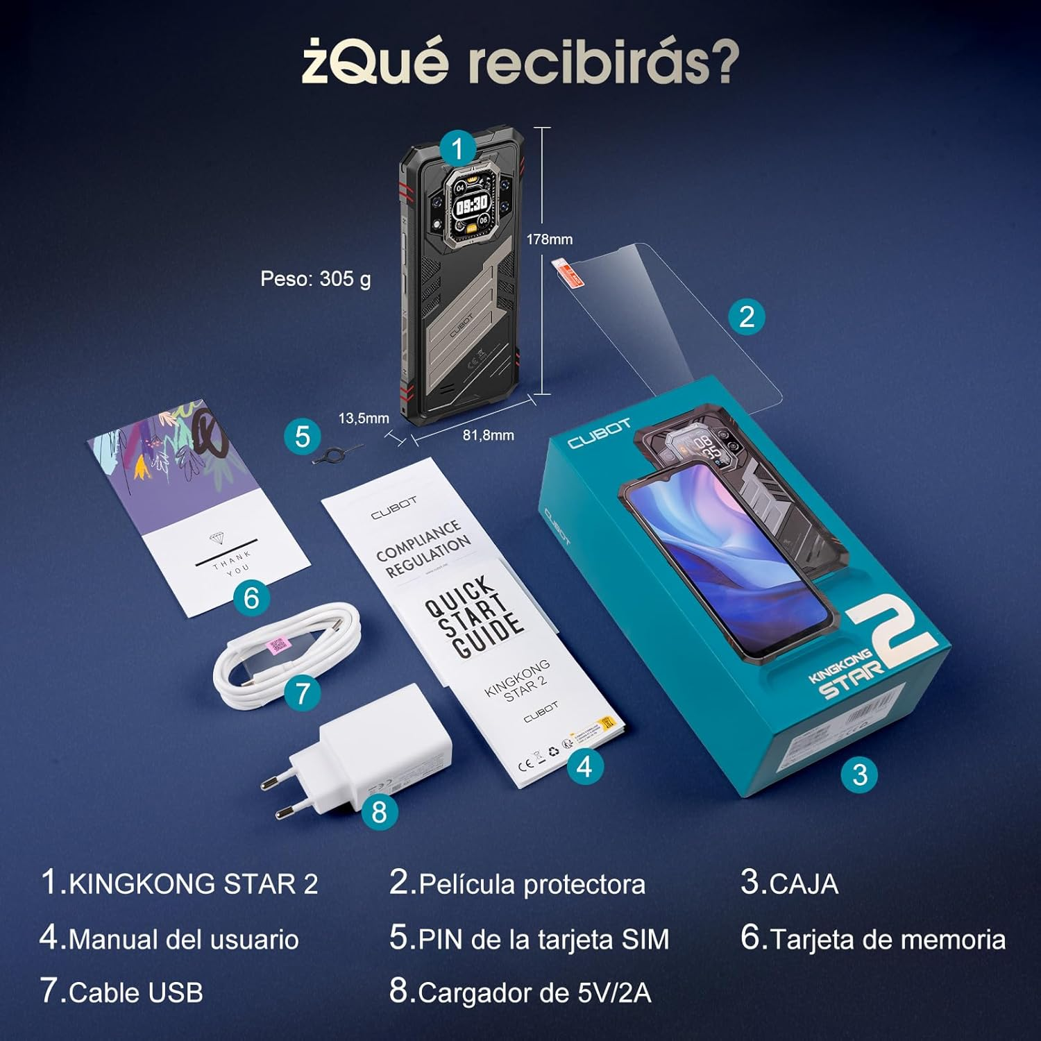 Teléfono en caja con accesorios, protector de pantalla, manual de usuario, cargador y pin de tarjeta SIM.