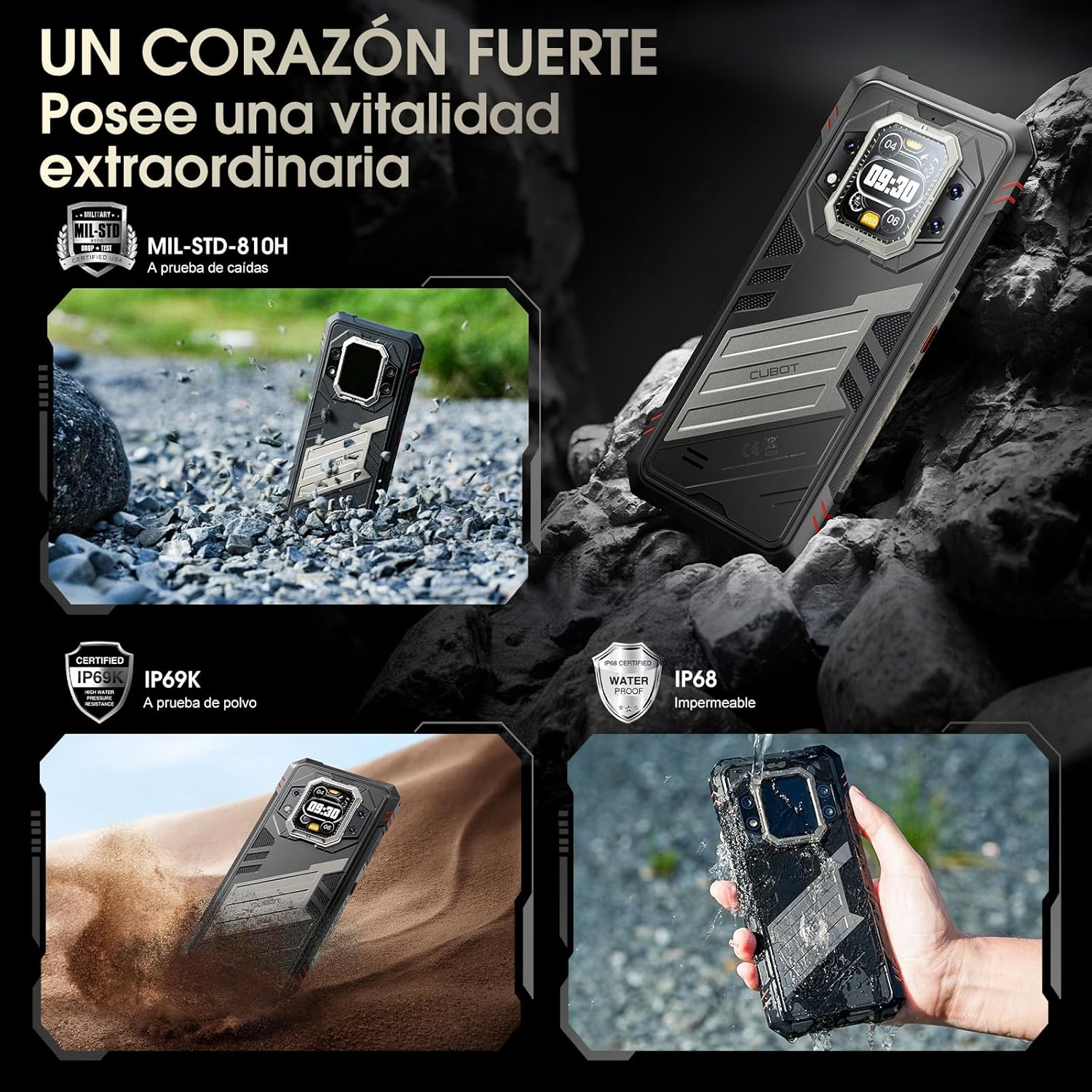 Imagen muestra un smartphone resistente con características de durabilidad: a prueba de caídas, polvo y agua, con iconos.