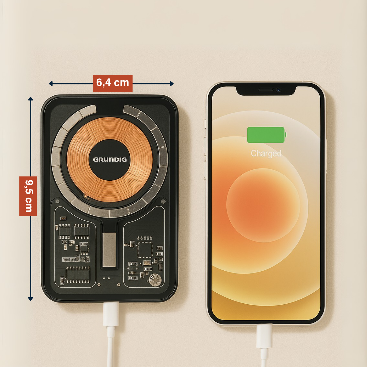 Une image d'un chargeur sans fil à côté d'un téléphone en charge. Les dimensions du chargeur sont également affichées.