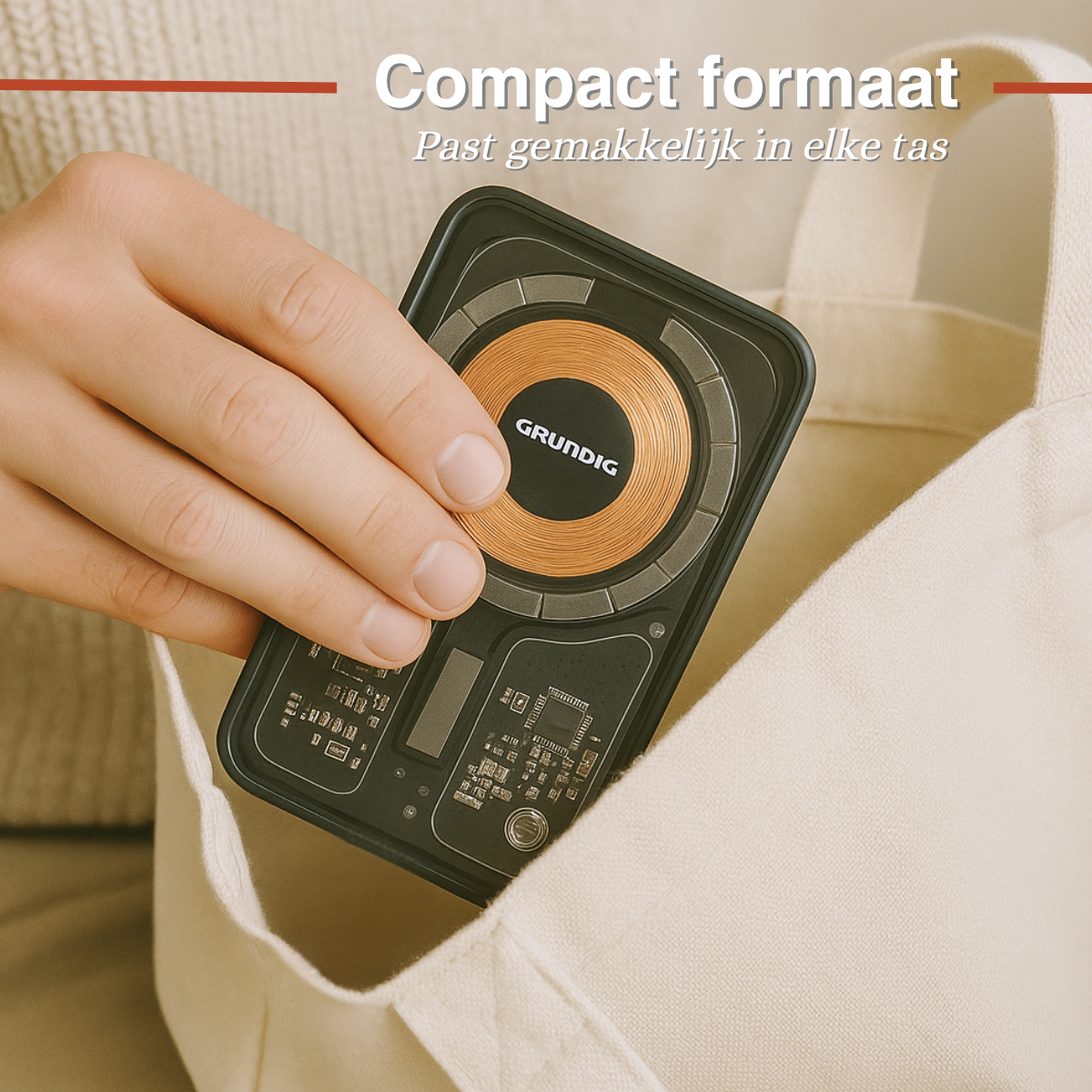 Une main tenant un chargeur Grundig noir avec une bobine en cuivre, placé dans un sac fourre-tout blanc. Le texte dit 'Compact formaat'.