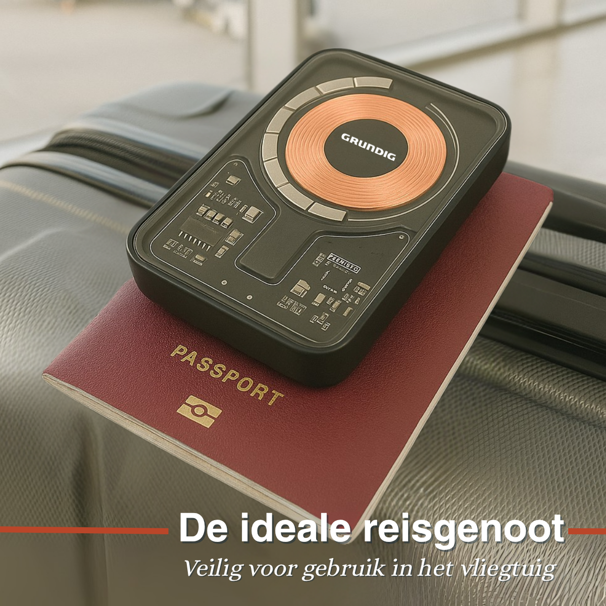 Un chargeur sans fil sur une valise avec un passeport, soulignant son adéquation pour les voyages et l'utilisation en avion.
