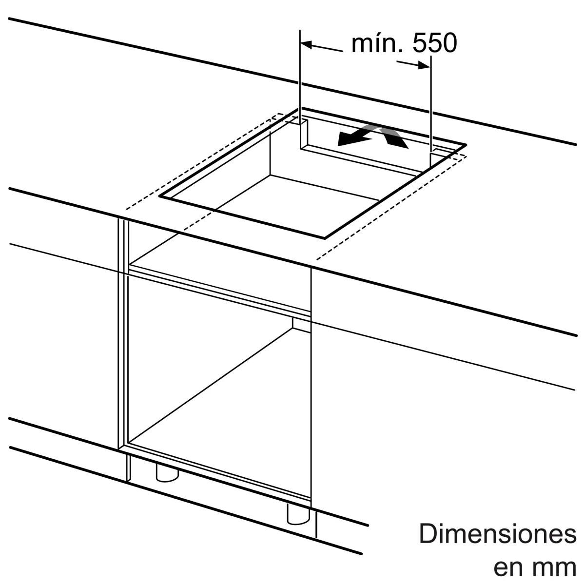 Schemat płyty grzewczej, z kwadratowym wycięciem i strzałką wskazującą minimalny wymiar.
