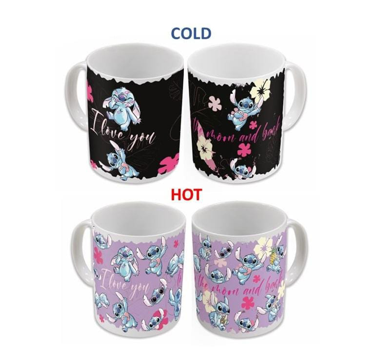 Dos tazas blancas con diseños de Stitch. Un juego cambia de color cuando está caliente.