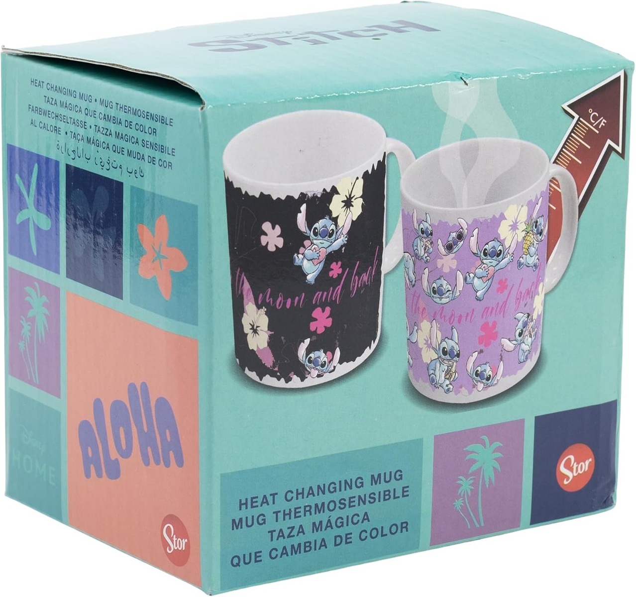 Caja de una taza que cambia con el calor con Stitch de Lilo & Stitch, con elementos de diseño.