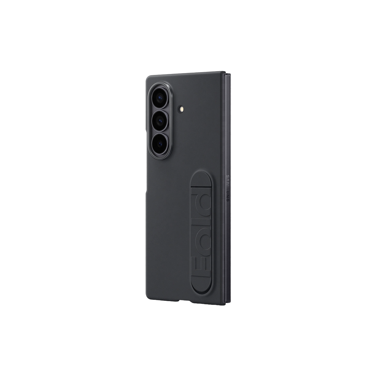 Czarne etui na telefon Samsung z wytłoczonym napisem 'FOLD' i trzema obiektywami aparatu.