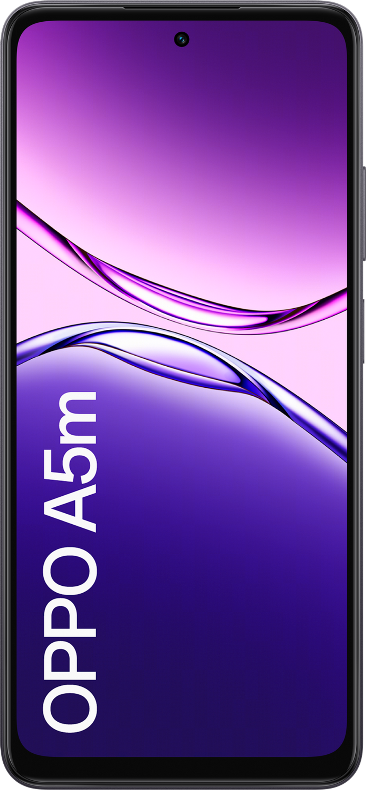 Un smartphone OPPO A5m, ligeramente inclinado, con una pantalla degradada y el logo OPPO A5m.