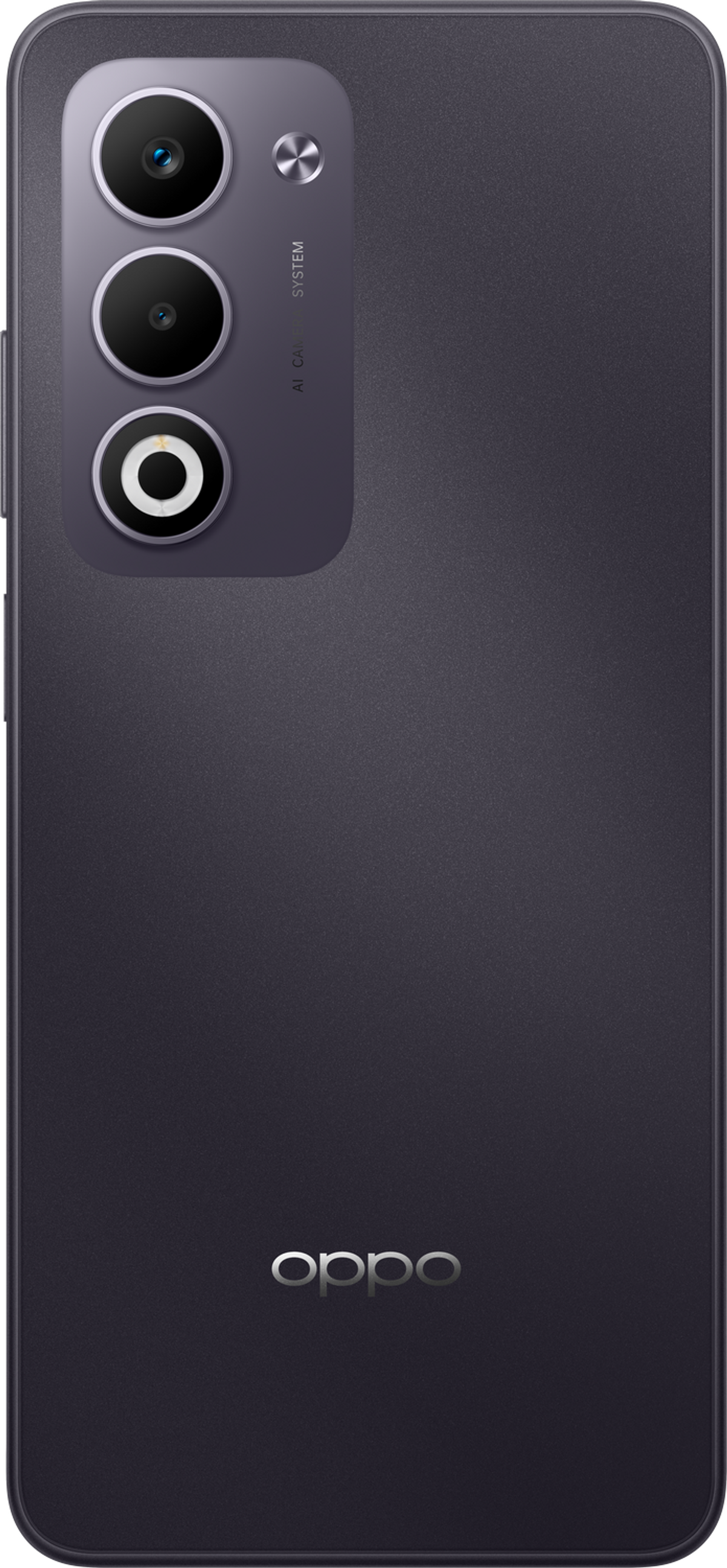 Tył smartfona OPPO z trzema aparatami, logo OPPO i ciemnym, matowym wykończeniem.