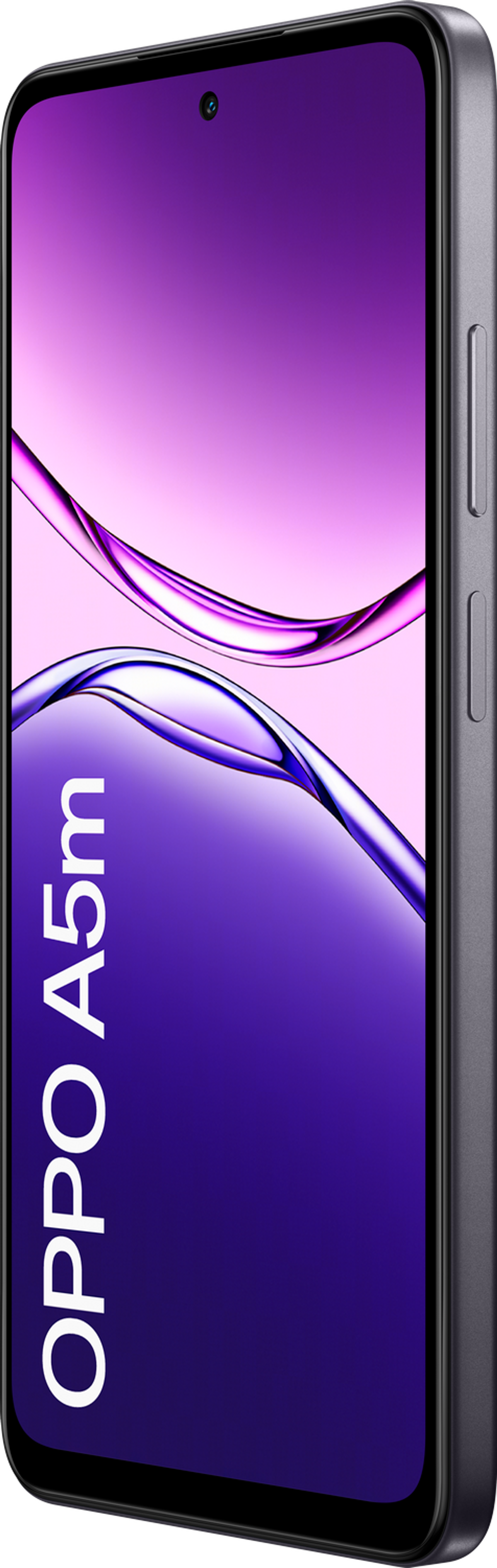 Un smartphone OPPO A5m, ligeramente inclinado, con una pantalla degradada y el logo OPPO A5m.
