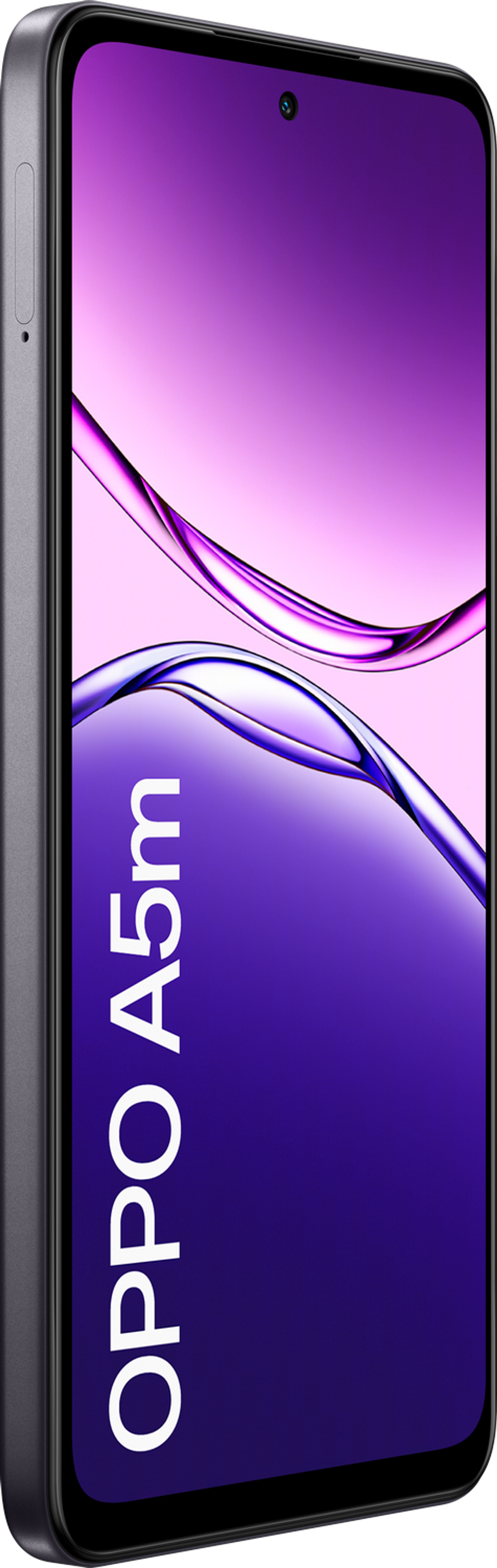 Un smartphone, vista lateral, con un fondo de pantalla degradado púrpura y rosa.