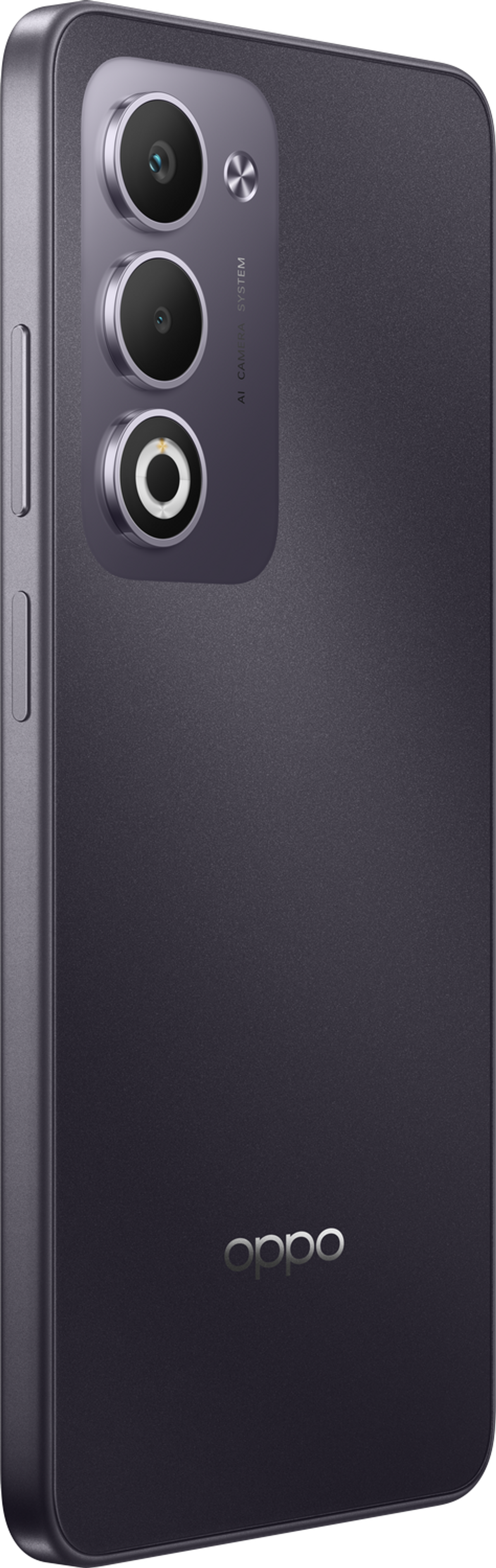 Tył smartfona OPPO z trzema aparatami, logo OPPO i ciemnym, matowym wykończeniem.