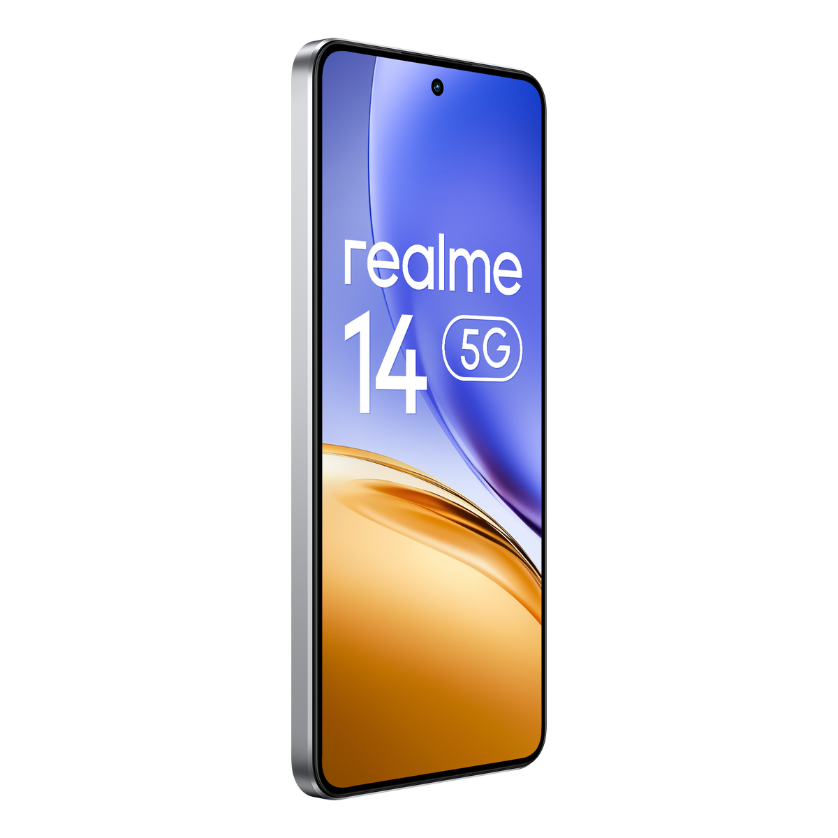 Smartfon jest wyświetlany pod kątem, pokazując markę realme i 14 5G na ekranie.