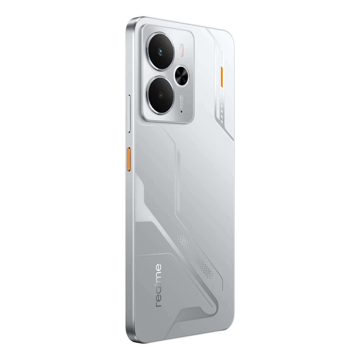Biały i srebrny telefon. Podwójny aparat, pomarańczowy akcent i logo Realme.