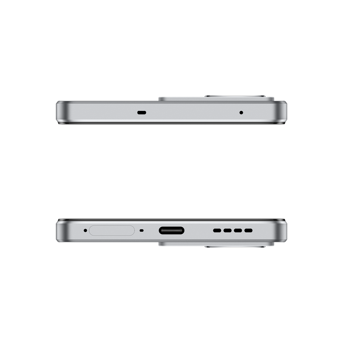 Dwa srebrne telefony, widok z boku. Na górze aparat. Na dole porty i tacka SIM.