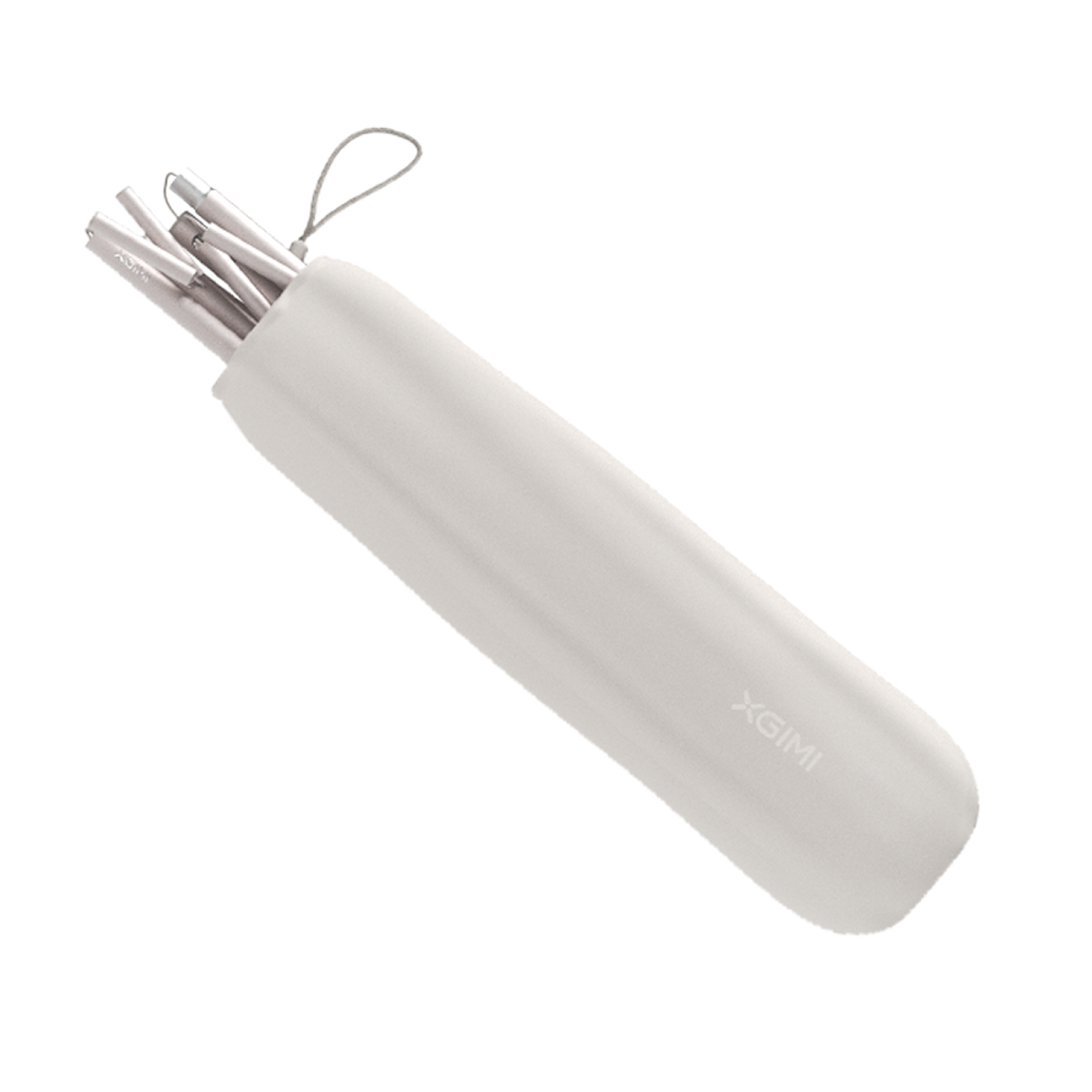 Weißes Etui mit silbernen Strohhalmen. Das Etui hat das XGIMI-Logo.