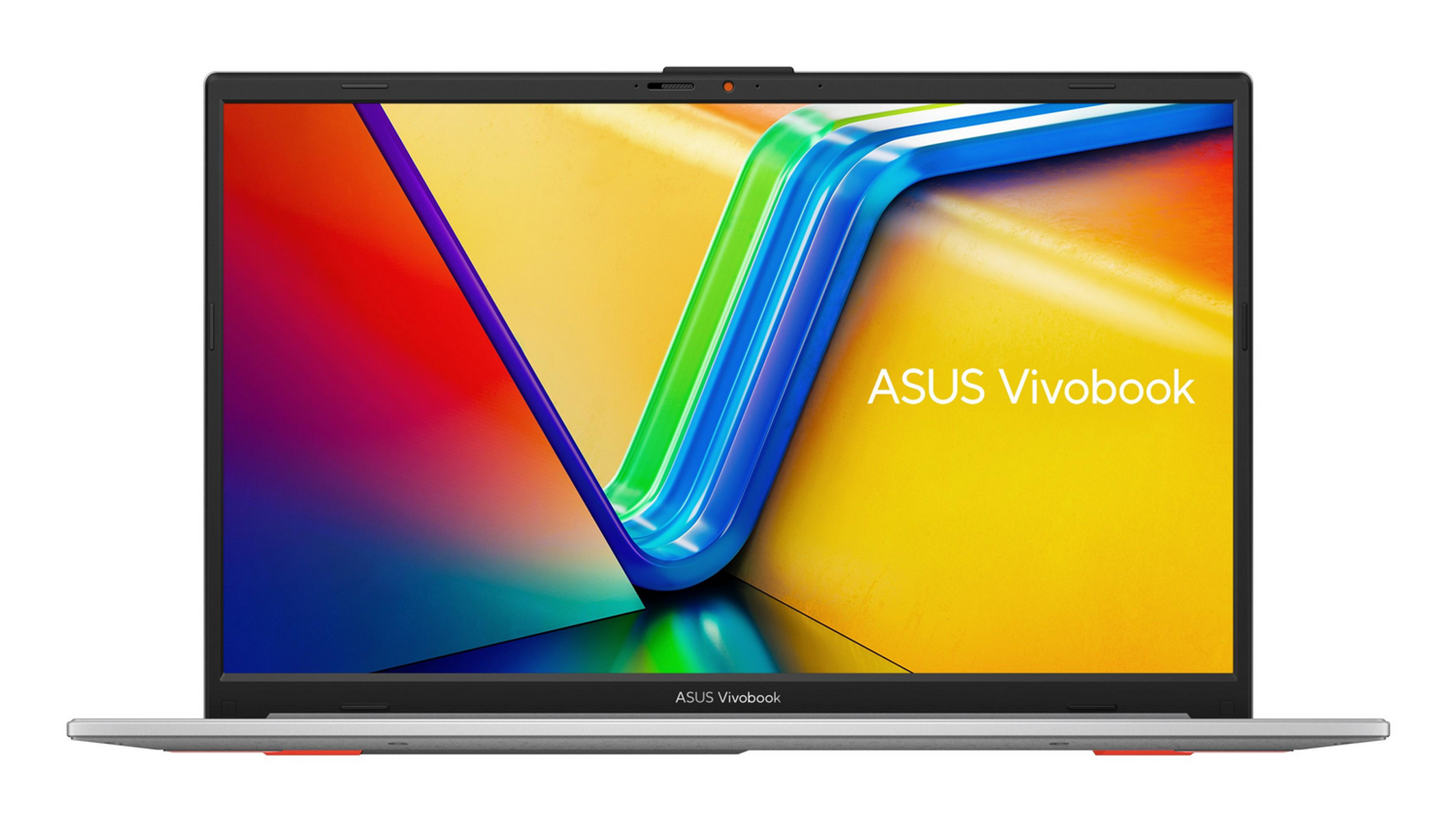 Laptop Asus Vivobook, abierto, mostrando pantalla colorida. Marco gris y negro.