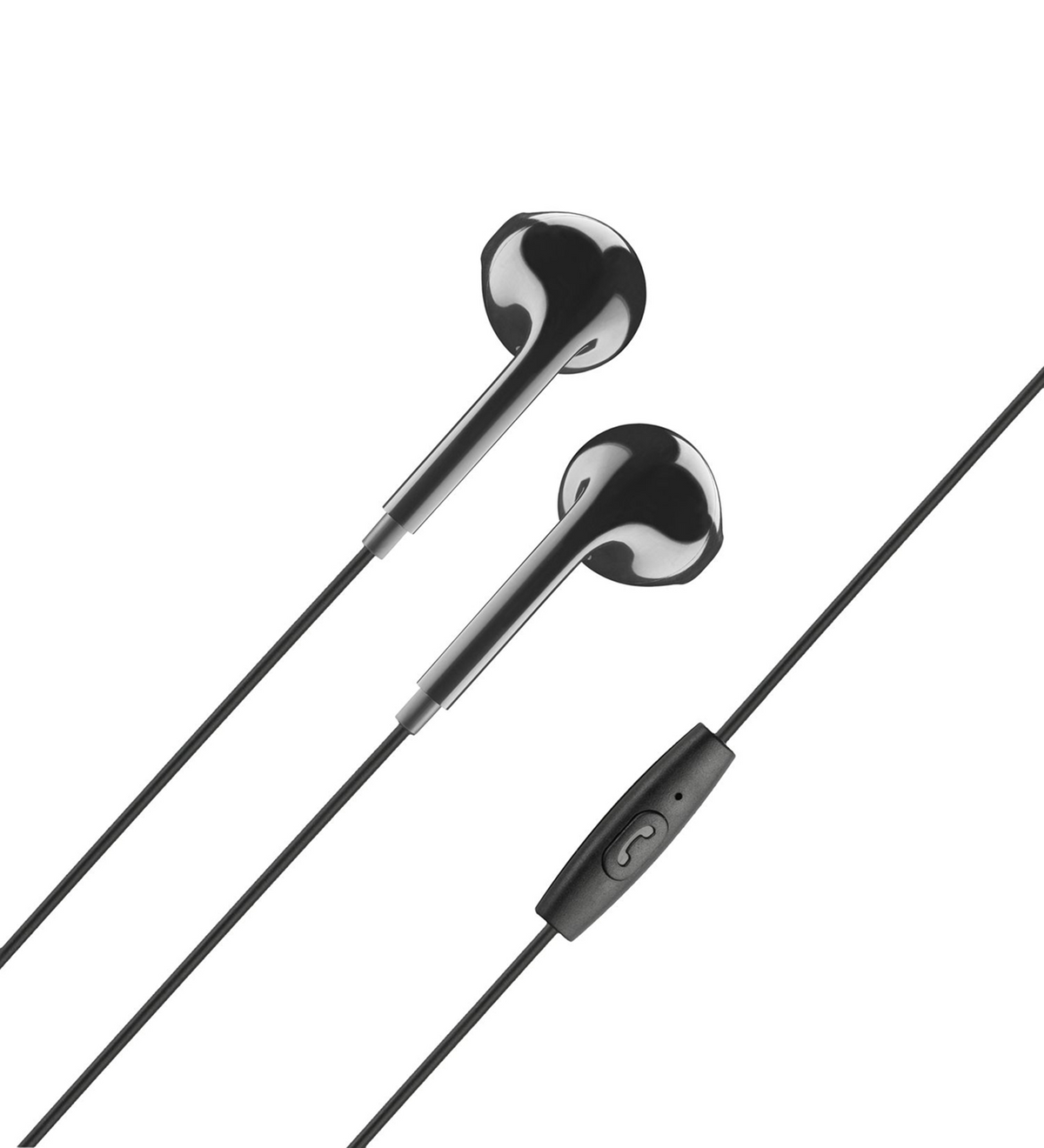 Auricolari neri con un pulsante di controllo sul filo. Sfondo bianco.