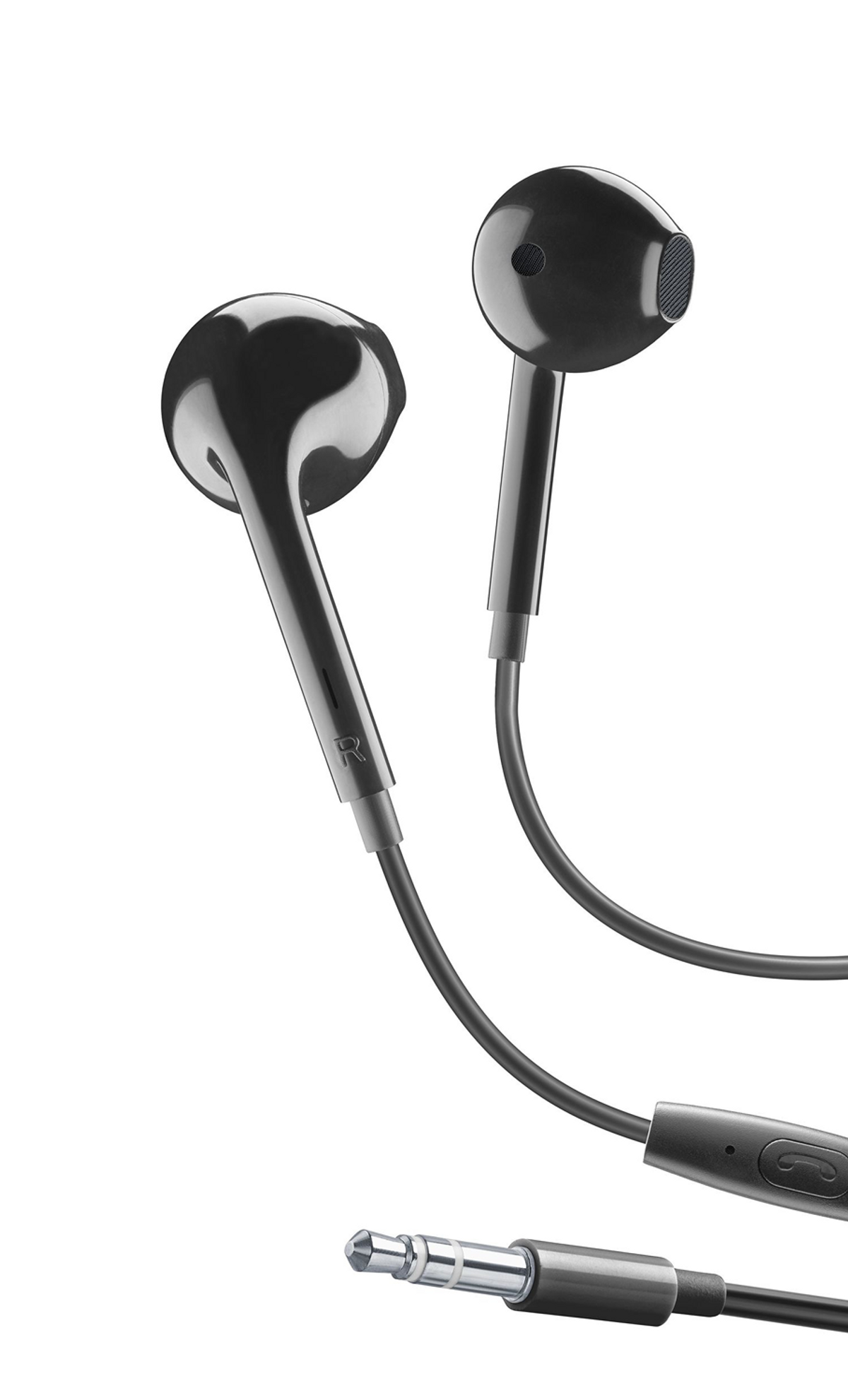 Auricolari neri con jack da 3,5 mm e design elegante, su sfondo bianco.