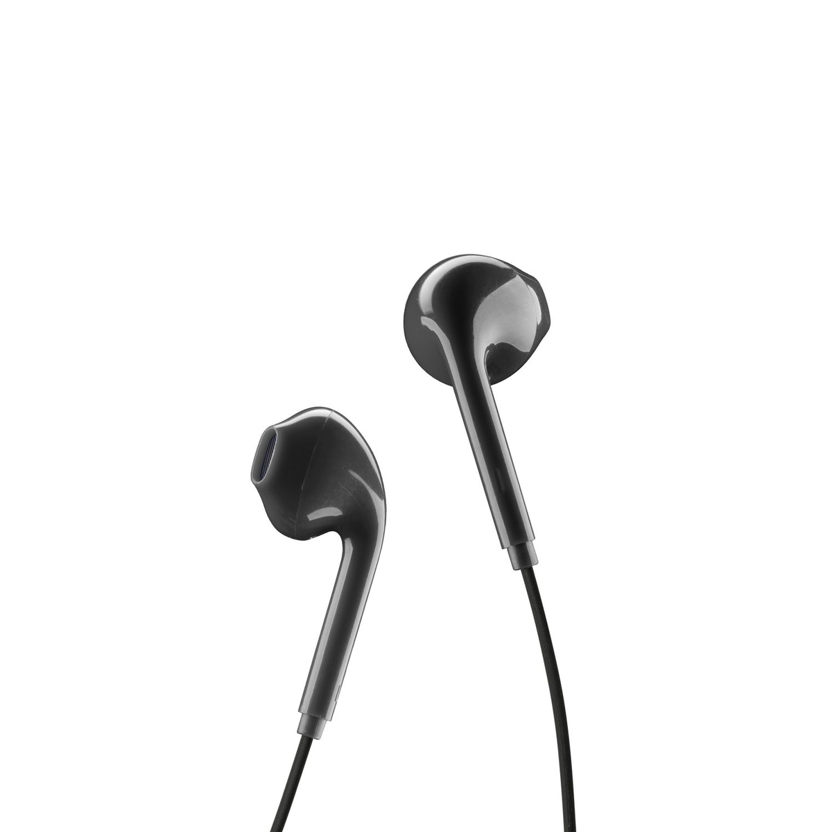 Due auricolari neri su sfondo bianco. Semplice e pulito.