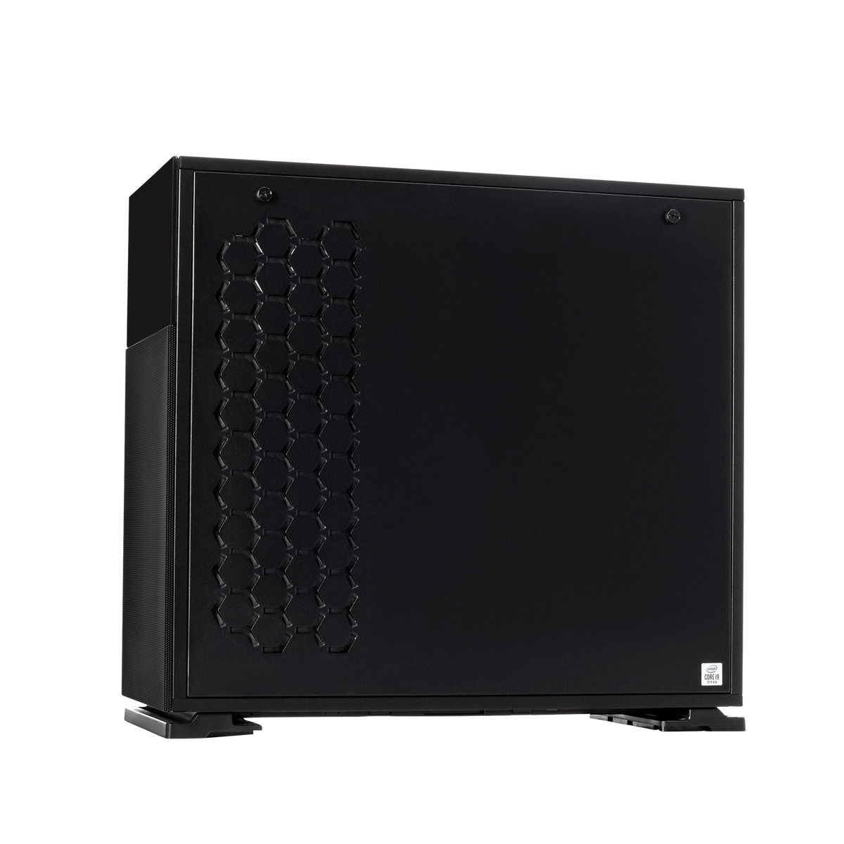Caja de ordenador negra con panel lateral de malla y el logotipo 'Core i9'.