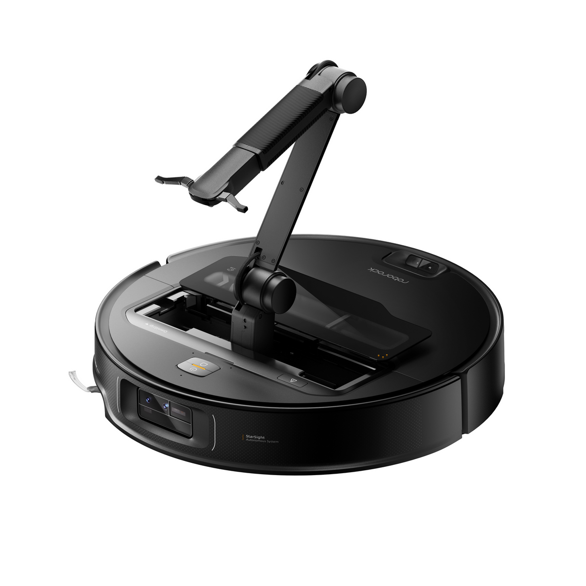 Schwarzer runder Roboter-Staubsauger mit Griff. Weißer Hintergrund.