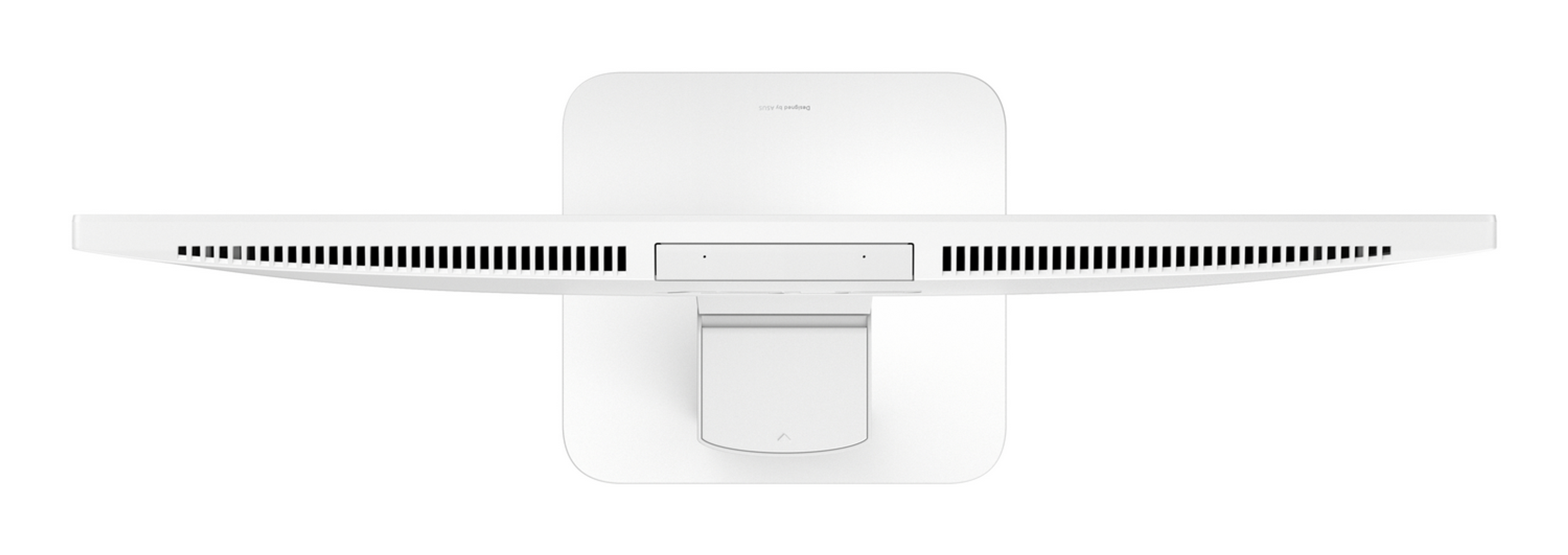 Een witte computermonitor, van bovenaf gezien, met een dunne rand en een rechthoekige voet.