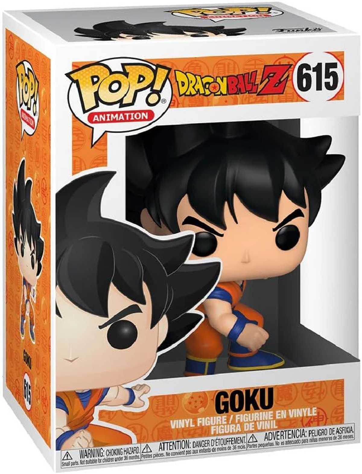Arte de la caja de la figura de Goku. Goku lleva un gi naranja, pelo negro, y está en exhibición en la caja.