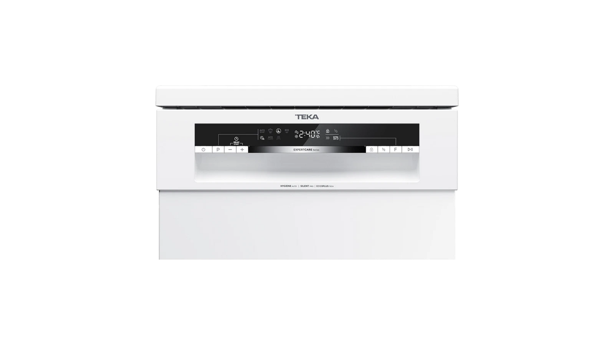 Biały panel sterowania zmywarki z wyświetlaczem cyfrowym i różnymi przyciskami funkcyjnymi.