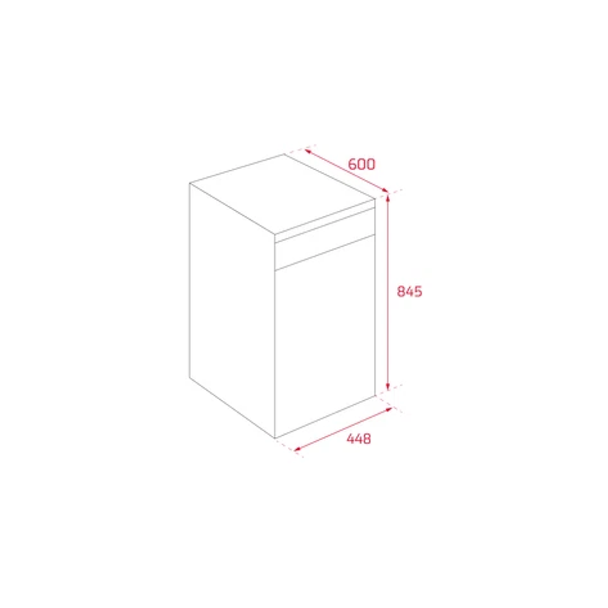Rysunek liniowy szafki z wymiarami. Ma kształt prostokątny z szufladą.