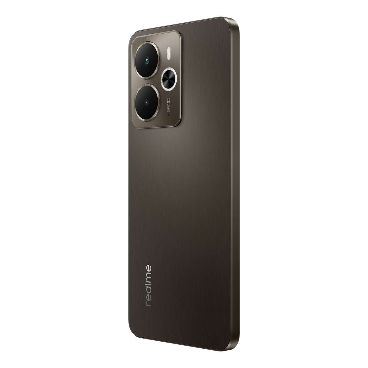 Un smartphone gris oscuro con dos cámaras se muestra sobre un fondo negro, mostrando su diseño.