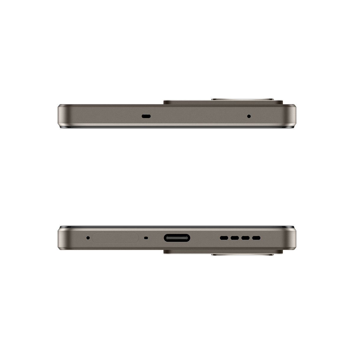 Vistas superior e inferior de un teléfono inteligente gris con puertos y rejillas de altavoz, sobre un fondo negro.