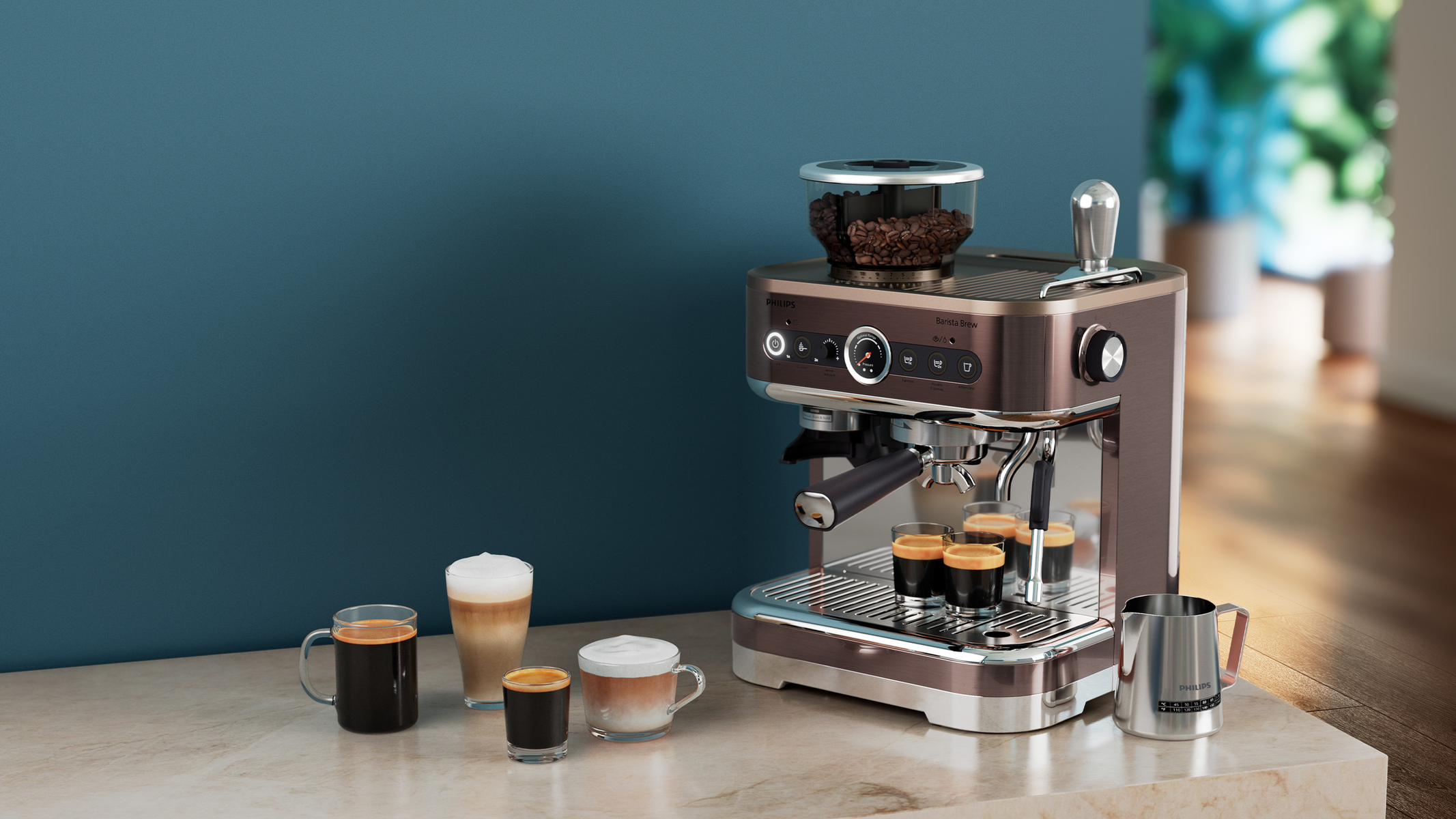 Espressomaschine mit Kaffeegetränken und einem Milchaufschäumer auf einer Theke.