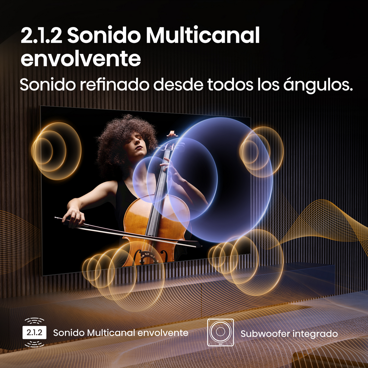 Kobieta grająca na wiolonczeli na scenie, z grafiką fal dźwiękowych w tle.