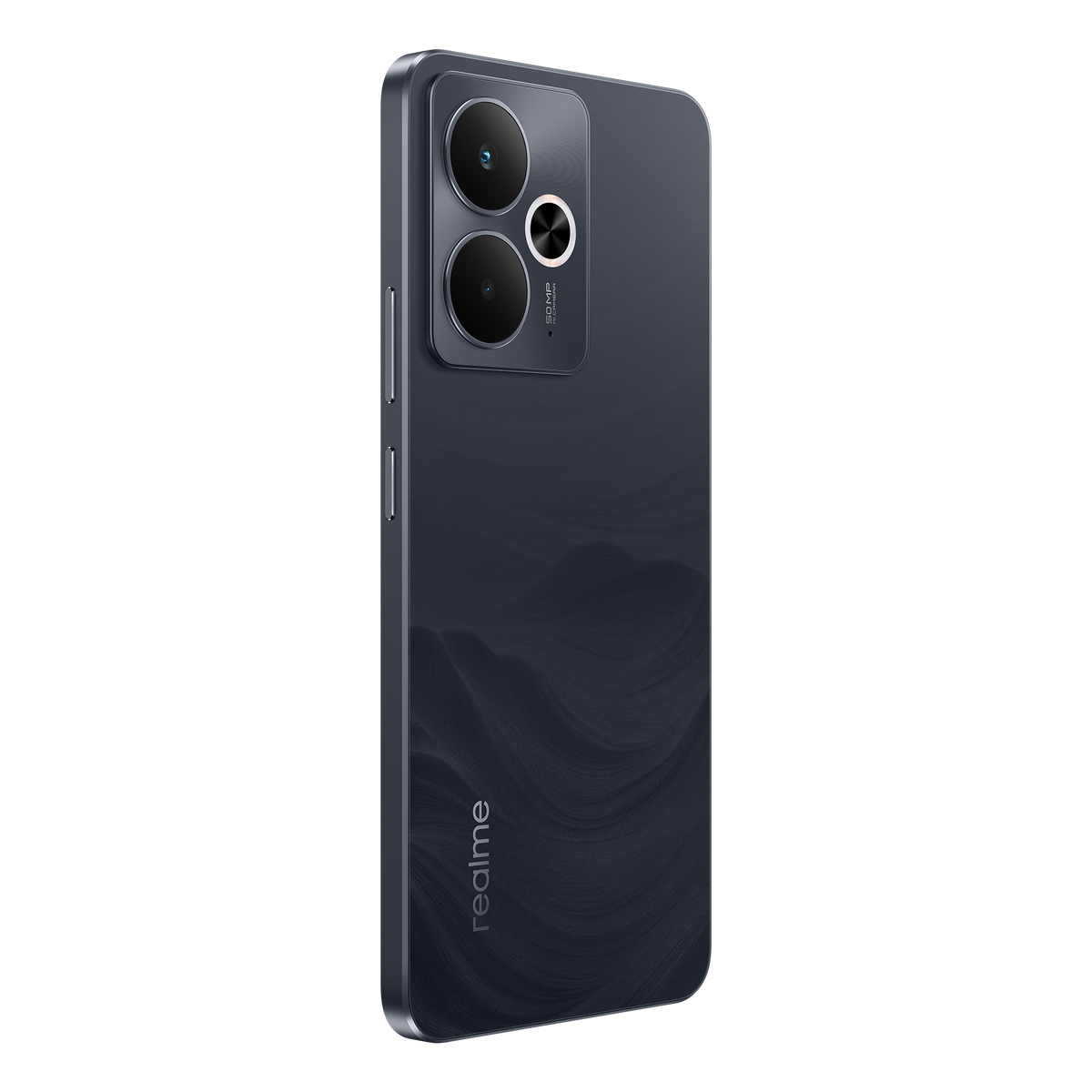 Blauwe smartphone achterkant met cameralenzen, logo en textuur op donkere achtergrond.