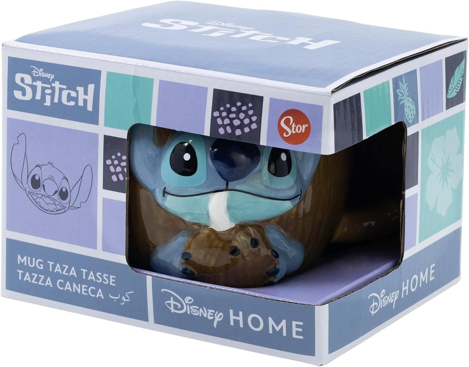 Eine Stitch-Tasse in einer Box. Die Tasse ist hellblau, mit einem Cartoon-Bild. Box hat Disney- und Stitch-Logos.