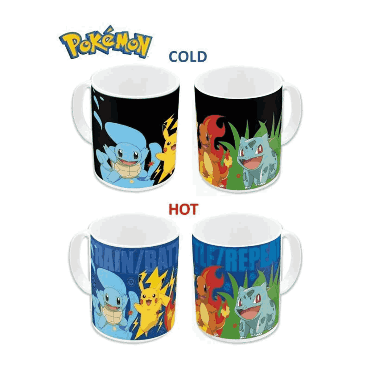 Cuatro tazas de Pokemon, dos muestran personajes en condiciones frías y dos en condiciones calientes, fondo blanco.