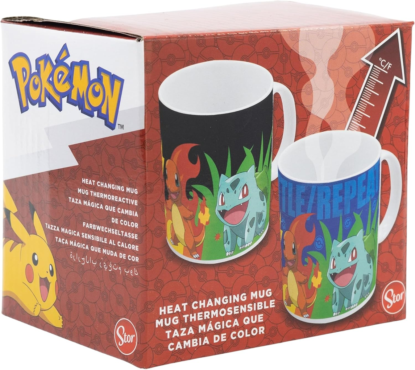 Una caja de tazas Pokemon que cambian con el calor, las tazas muestran diferentes personajes al frío y calor.