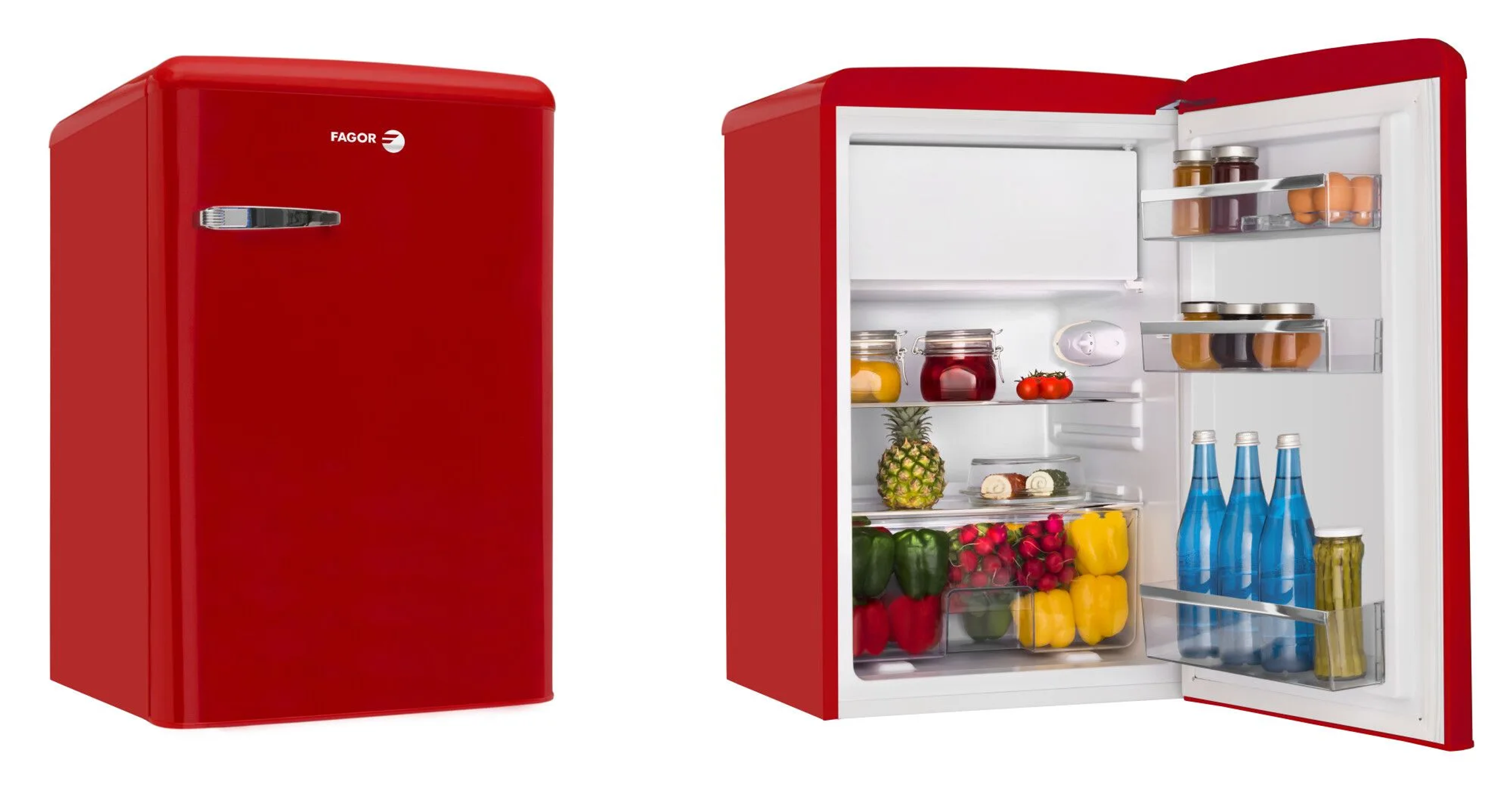 Frigorifero Fagor rosso, porta aperta con cibo e porta chiusa.