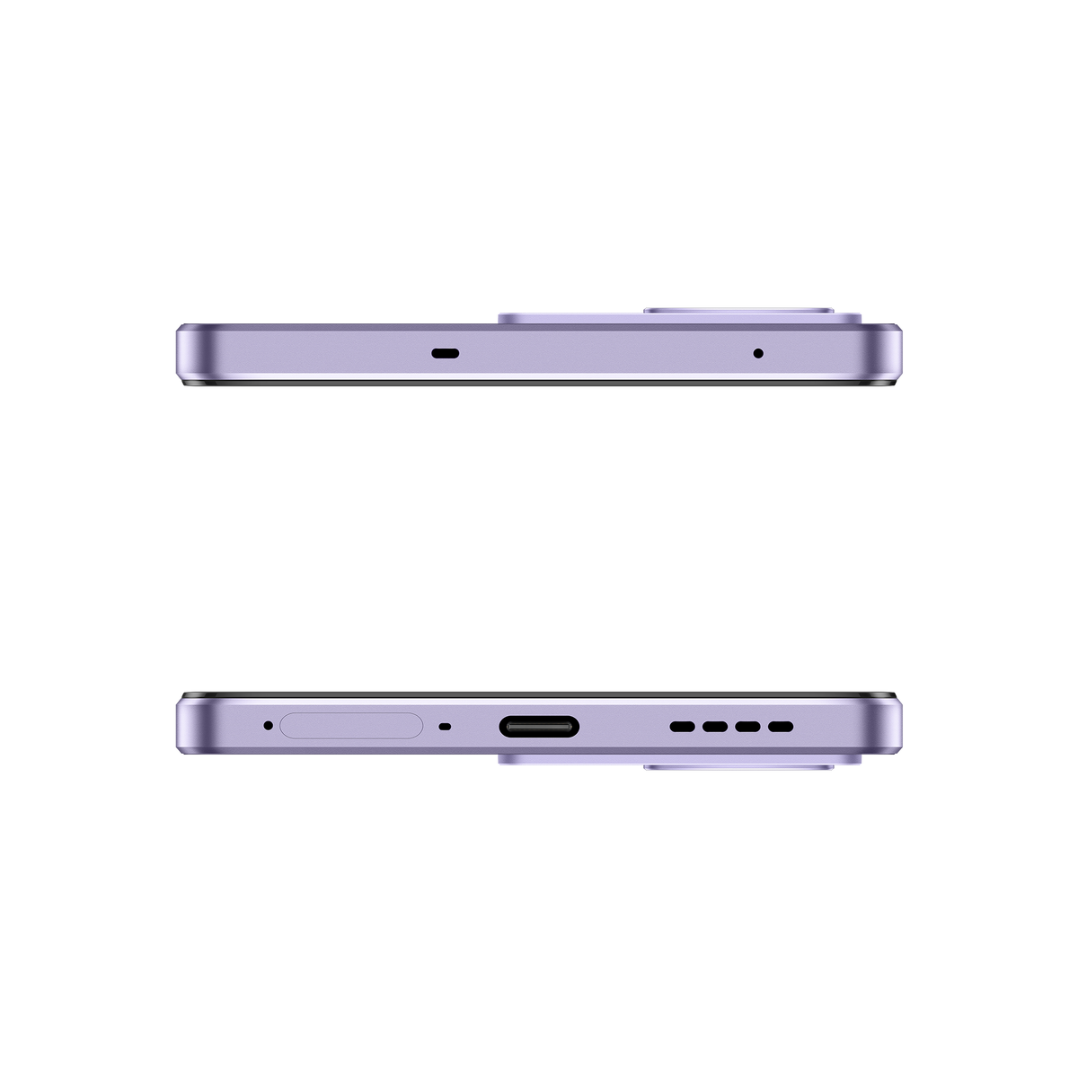 Dwa widoki boczne fioletowego smartfona z aparatem i czarnym tłem.