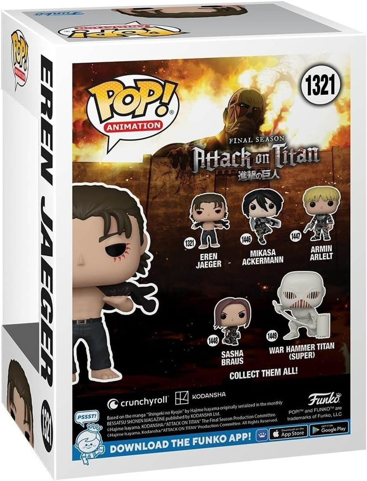 Rückseite einer Funko Pop Box mit Eren Jaeger Figur von Attack on Titan.