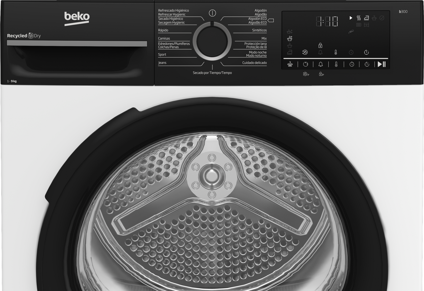 Zbliżenie na białe drzwi suszarki, ukazujące bęben wewnętrzny i komorę filtra wewnątrz urządzenia.