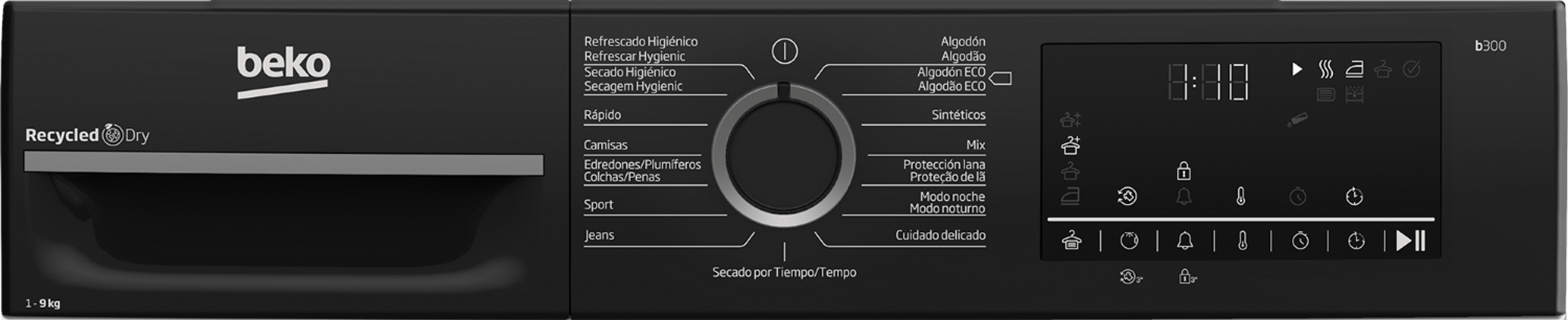 Czarny panel sterowania suszarki z przyciskami i pokrętłem, wyświetlający opcje programów i ekran cyfrowy.