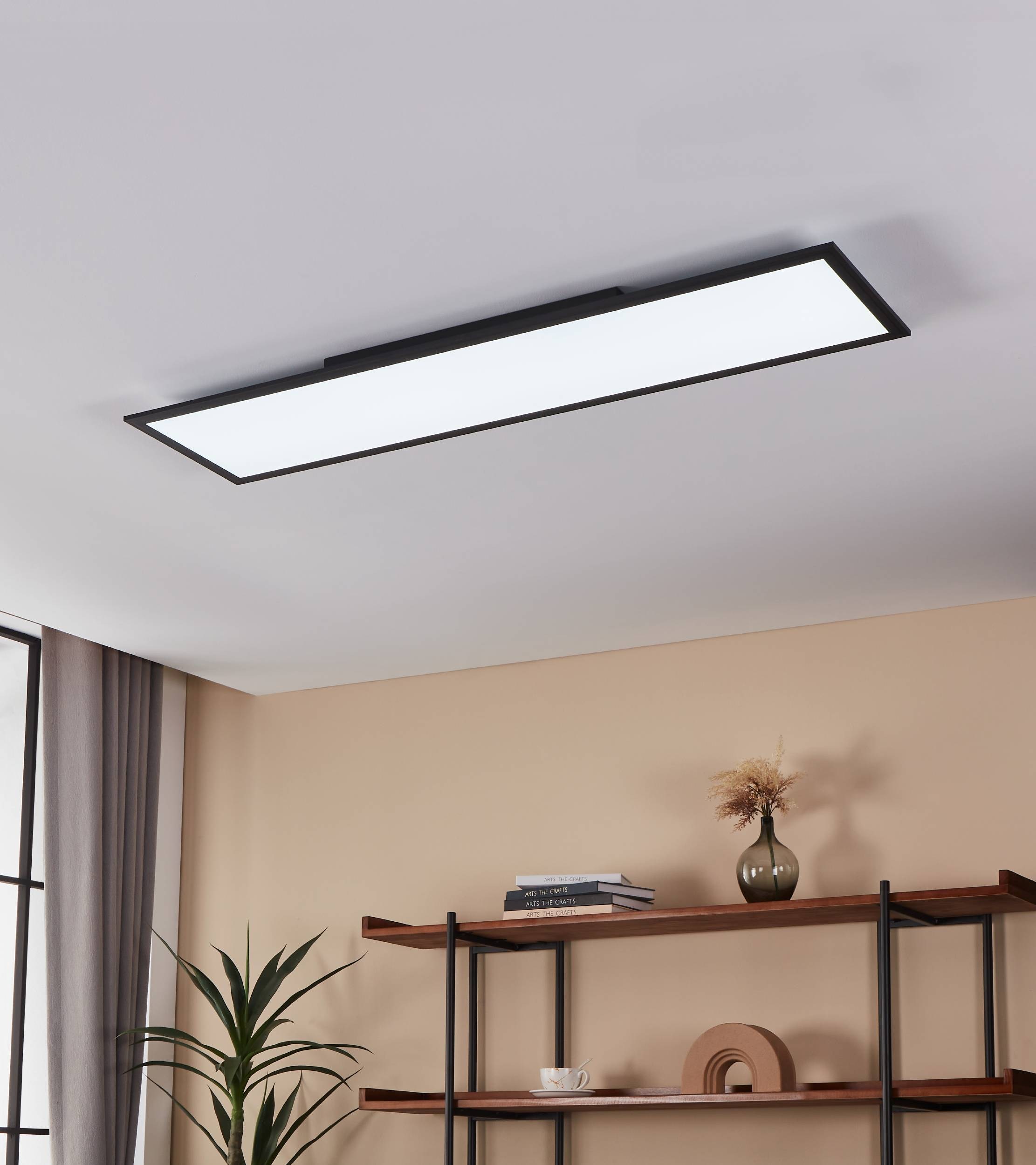 Una stanza moderna con una lampada da soffitto rettangolare nera, mensola, libri, pianta e parete beige.